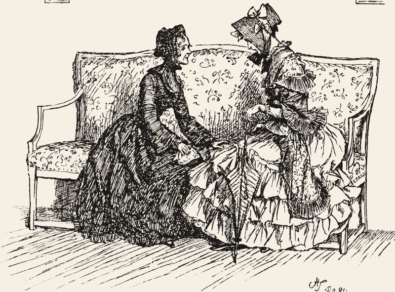 Line drawing: two ladies in full Victorian dresses talk together on a sofa