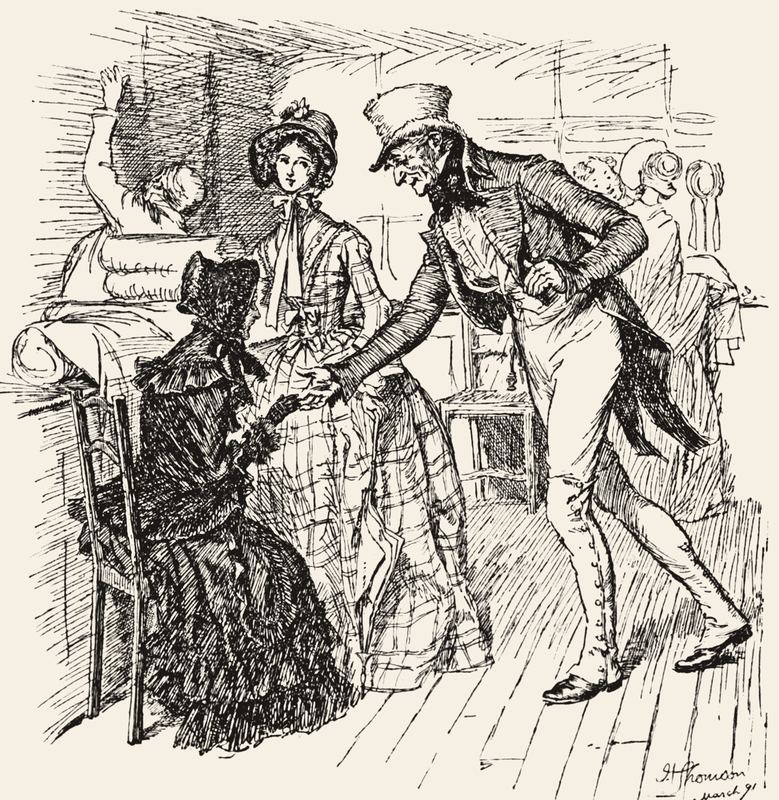 Line drawing: a gentleman in a top hat bows and takes the hand of a seated lady