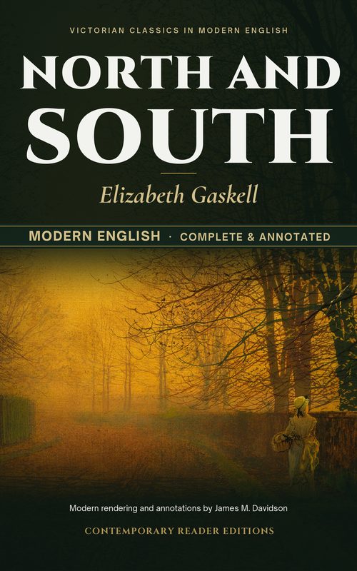 Cover of North and South (Annotated): a Victorian woman on a lane at dusk beside a red-brick house