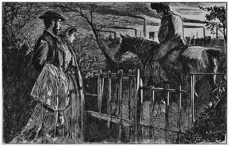 Engraving: a young woman and a companion stand at a fence as a man rides past on horseback