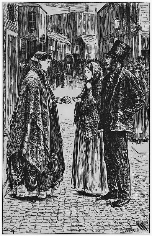 Engraving: on a busy town street, a young woman speaks with a girl in a shawl and a man in a top hat