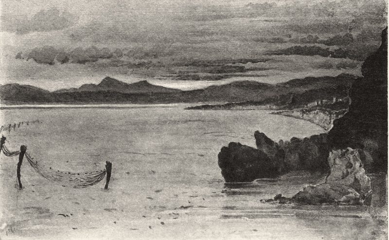 Photogravure: a wide, quiet bay with low hills on the far shore and rocks in the foreground
